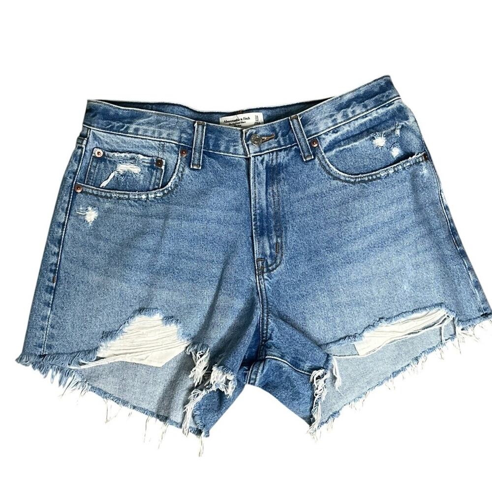 Abercrombie & Fit Denim Shorts 31 Distressed Boyfriend Curve Love Raw Hem Boho - Picture 3 of 14